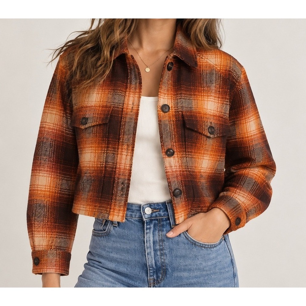 Madewell XS Cropped Plaid Flannel Shirt Jacket Rust Brown 100% Cotton
